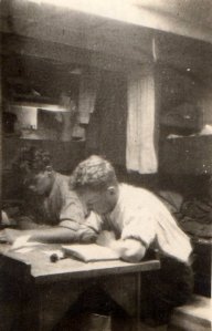 Monkbarns half deck. Eugene (right) and John Davies. Jim Holmes in bunk. Private collection E. Bainbridge